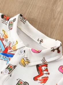 Baby Boys" Cartoon Turn-Down Collar Polo Shirt Short Sleeve And Shorts Set With Pockets - Multicolor - View 3
