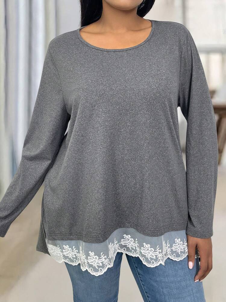 Plus Size Women Solid Color Lace Patchwork Round Neck Long Sleeve T-Shirt