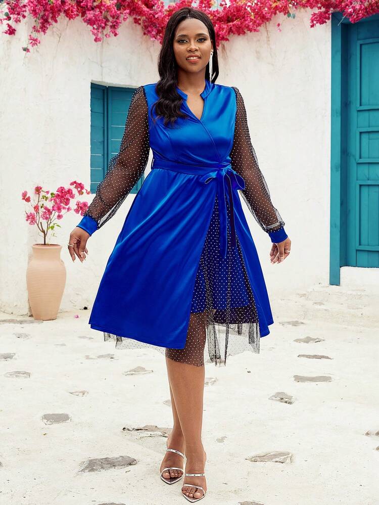 Plus Size Women Fashion Colorblock Mesh Long Sleeve Dress