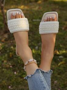 Damen Große Größen Nude Flache Sandalen mit Fake Perlen Dekor, mit 5 Größen Farbverlauf Fake Perlen, Lässig Komfortable Rutschfeste Slip-On Pantoffeln für den Sommer, Größe 35-43 Valentinstag