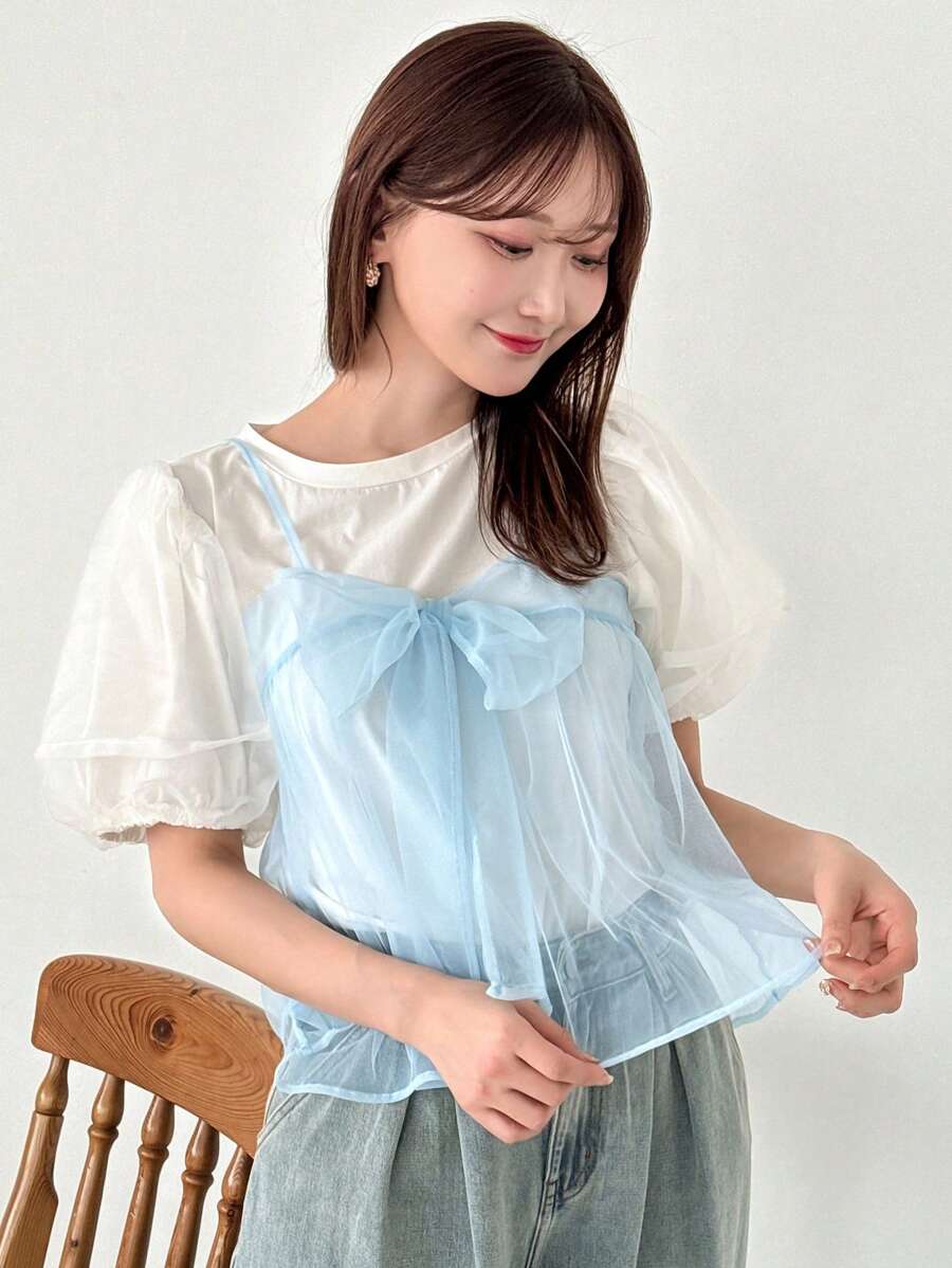 FRIFUL 女士夏季純色蝴蝶結裝飾網眼背心上衣 - 淺藍色 - 查看 1