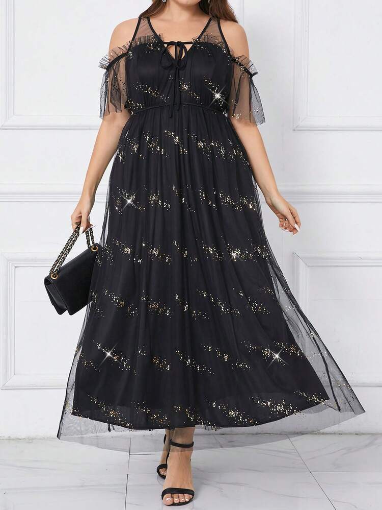 Women Plus Size Elegant Off-Shoulder Tie-Front Mesh Splice Sequin Long Dress
