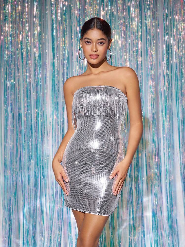 Women Summer Patchwork Sequin Fringe Strapless Bodycon Dress Suitable For Parties And Gatherings