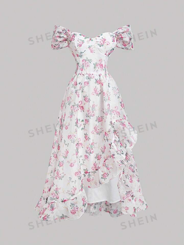 SHEIN MOD Plus Size Vintage Pink Romantic Floral Summer Holiday Long Asymmetric Off Shoulder Ruffle Hem Dress