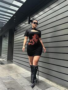 Flirla Đầm sườn xám tay ngắn cỡ lớn cho nữ có họa tiết hoa in hình rồng cho mùa hè - màu đen - Xem 7