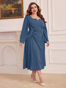 Modelyn Fashionable Solid Color Long Sleeve Dress For Plus-Size Women - Dusty Blue - View 1