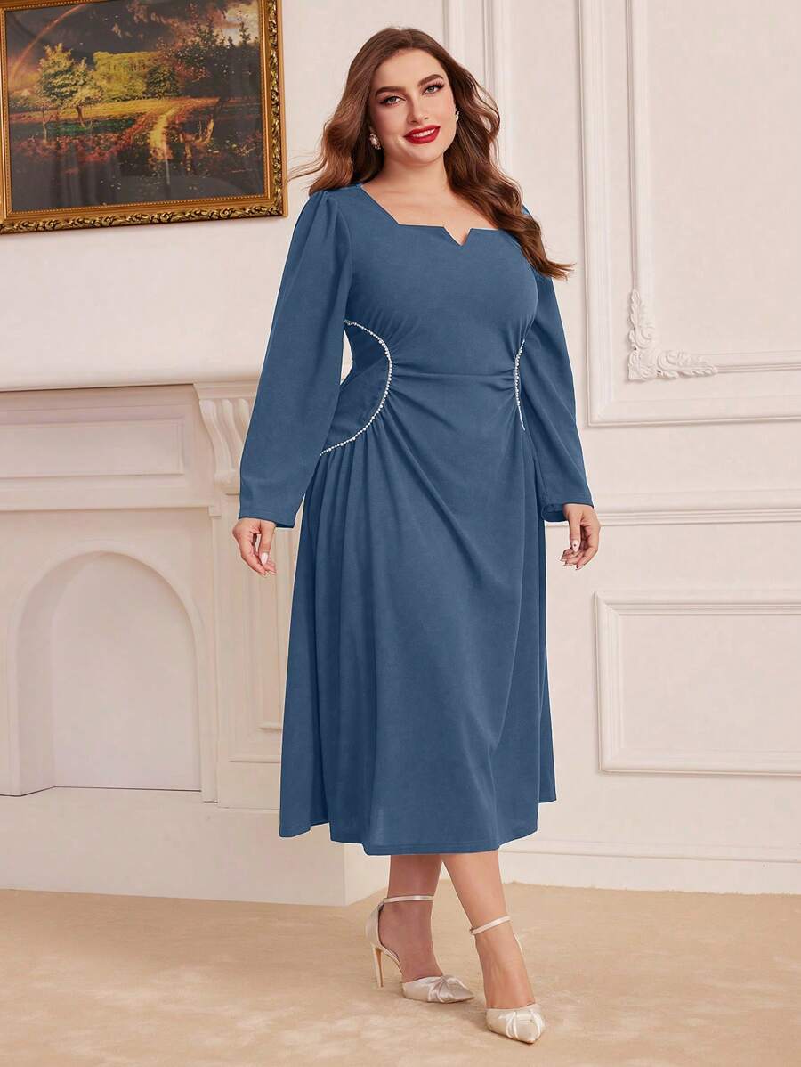 Modelyn Fashionable Solid Color Long Sleeve Dress For Plus-Size Women - Dusty Blue - View 1