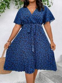 SHEIN Clasi 加大尺碼女士夏季V領豹紋印花荷葉邊短袖百褶裙連衣裙 - 寶藍色 - 查看 7