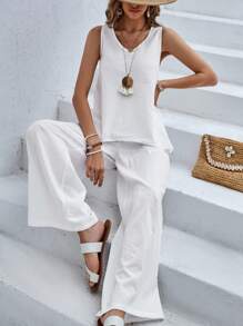 SHEIN Essnce White Asymmetrical Hem A-Line Tunic Loose Wide Leg Pants Casual Holiday Set