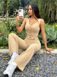 SHEIN PETITE 女士纯色正面纽扣背心和直筒裤两件套 - 駝色 - 查看 4