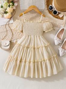 SHEIN Holiday,Summer,TravelYoung Girl Casual And Cute Open Shoulder A-Line Dress With Pleats - Khaki - View 1