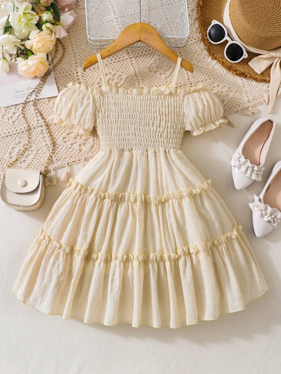 SHEIN Holiday,Summer,TravelYoung Girl Casual And Cute Open Shoulder A-Line Dress With Pleats - Khaki - View 1