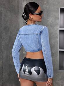 SHEIN ICON 休閒空心扣短款牛仔外套 - 藍色 - 查看 2