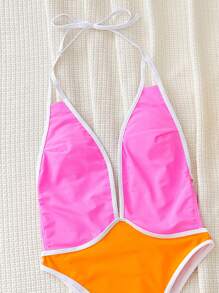 SHEIN Swim Women Simple And Fashionable One-Piece Swimsuit With Colorful Edges And Halter Tie For Beach Holiday Summer