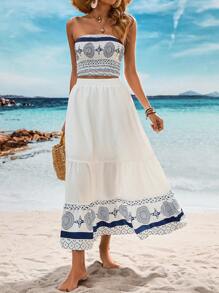 Breezaya 隨機印花沖浪假期露背背心配圍裙裙子套裝 - 藍白色 - 查看 6