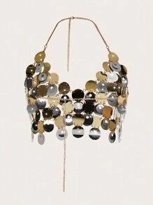 SHEIN SXY 假期音樂節夜店性感金色銀色金屬亮片疊加可調式領繩短上衣