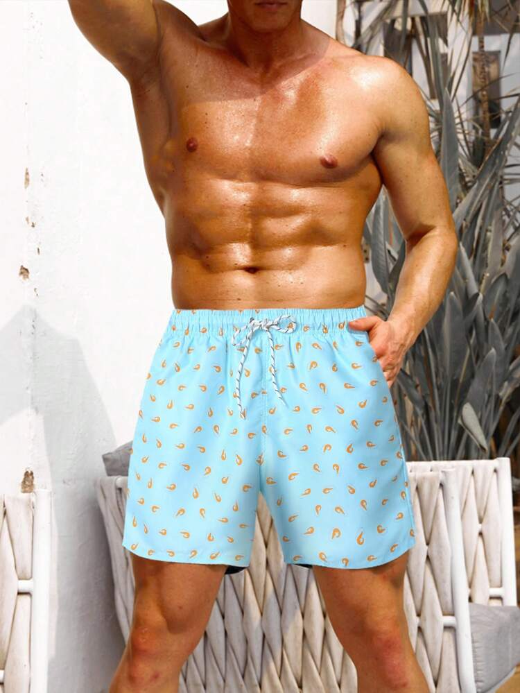 Men Printed Beach Shorts With Drawstring Waist