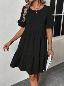 SHEIN LUNE Đầm nữ mùa hè màu trơn cổ tròn tay ngắn dáng rộng có bèo nhún ở gấu, kiểu dáng thường ngày. - màu đen - Xem 5