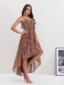 yanchunxier Women's Elegant High Low Asymmetrical Spaghetti Strap Prom Dress In Subtle Shimmer Woven Fabric Party Dress Elegant Dresses For Party Party Dresses For Women Long Party Dresses Elegant Party Dresses For Women Winter Dress Winter Dresses For Women New Year Dress - Rust Brown - View 5
