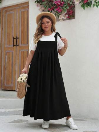 Plusstorlek Casual Enfärgad Plisserad Maxi Slipklänning