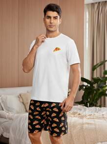 Men Pizza Print Short Sleeve White Top And Shorts Homewear Set - White - View 5