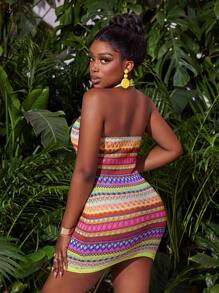 Slaydiva 波西米亞風格無袖U領鉤織迷你洋裝，附帶肩帶，適合女性沙灘度假 - 彩色 - 查看 2