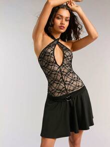 Forever 21 Sexy Hollow Out Lace Halter Backless Bodycon Dress