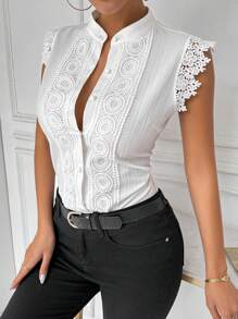 RosyDaze Blusa de mujer elegante de unicolor de verano con cuello alto, sin mangas y con aplicaciones de encaje