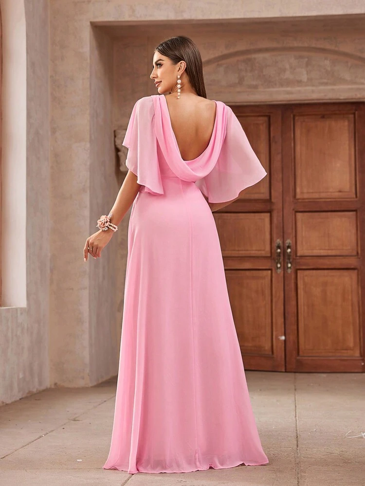 Elegant, Dignified, Feminine, Charming, Fashionable And Popular Women's Pink Chiffon Ruffled Shawl Sleeves, Draped Collar, Backless, High Waist, A-Line, Large Dress, Extra Long Bridesmaid Dress