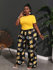 Slaydiva 大尺碼假日休閒修身T恤寬腿褲花卉印花女式短袖長袖兩件套春夏套裝夏E - 黃色 - 查看 5