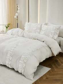 3pcs White Polyester Vertical Striped Ruffle Bedding Set With Four Big Bowknots And Three Layers Of Ruffles - White - View 9