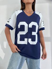 StreetHx Áo thun ngắn tay cổ chữ V màu khối có tay áo Raglan - Màu xanh hải quân - Xem 6