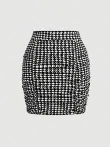 SHEIN MOD Plus Size Summer Casual Houndstooth Print Cami Top & Ruched Bodycon Skirt Set - Blue and White - View 7