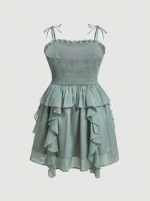 SHEIN MOD Dress Ukuran Plus Frill Simpul Shirred Plain Casual - Baby Blue - View 2
