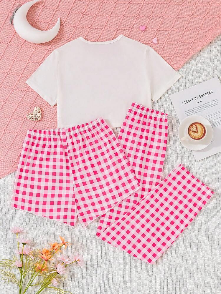 Teenage Girls' Pink Plaid Flame Retardant Long Pants And Shorts Set With Round Neck Short Sleeve 3-Piece Home Outfit