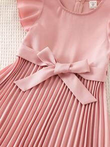 SHEIN LMoss Kids Vestito casual per ragazze in tinta unita con collo rotondo, maniche e orlo con volant