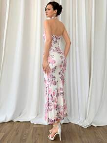 Aloruh Halter Neckline Twisted Knot Waistline Fish Tail Long Dress, Slimming And Flattering - Hot Pink - View 2