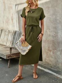 EMERY ROSE 女性夏季磚紅色圓領蝙蝠短袖中長裙