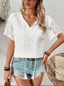 SHEIN LUNE Women Fashionable Solid Color Lacy Printed Short-Sleeved Shirt - White - View 4