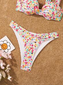 Swim Mod Small Flower Print Bikini Set With Detachable Padded Cups, Underwire And Beach Design For Summer,Summer Beach - Multicolor - View 6