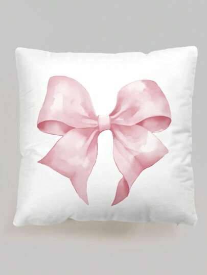 Kawaii 1pc Simple Hand-Painted Light Pink Big Bowknot Pattern Cushion Cover Without Pillow Core, Velvet Printed Square Pillowcase, Suitable For Daily Living Room Bedroom Home Decor, Sofa Cushion Cover, Car Cushion Cover, All-Season Decorative Pillow Cover