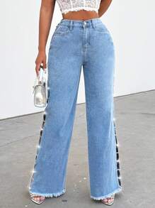 SHEIN SXY High Waist Side Slit Diamond Chain Decoration Frayed Denim Jeans - Light Wash - View 1