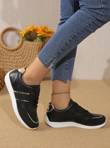 Women Lightweight Round Toe Lace-Up Flat Chunky Sneakers, Fresh Style Student Everyday Casual Sneakers