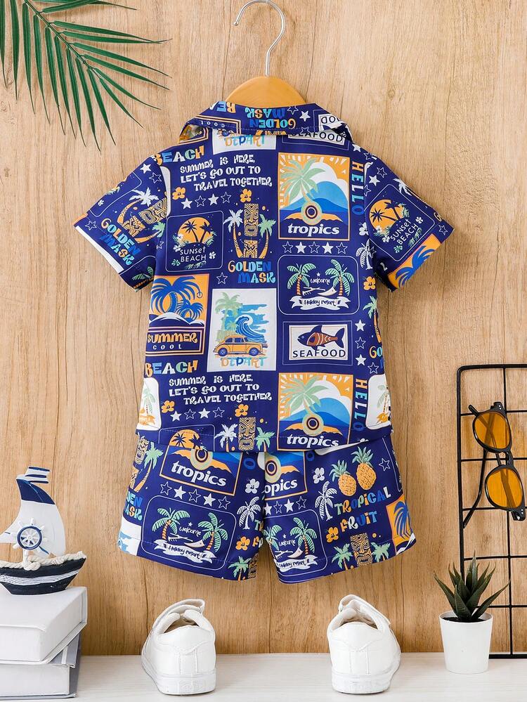 Baby Boys Beach Themed Fruit & Coconut Tree Fun Print Story Inspired Shirt Set, Spring Summer Casual Wear