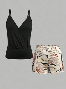 SHEIN Holidaya 女性夏季純色領綁帶背心和熱帶植物印花短褲休閒兩件套 - 黑色 - 查看 4