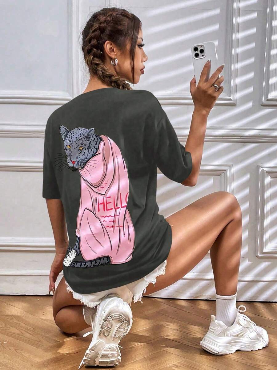SHEIN Unity 女性豹紋圓領短袖T恤，適合春夏休閒日常穿著 - 深灰色 - 查看 1