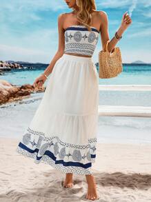 Breezaya 隨機印花沖浪假期露背背心配圍裙裙子套裝 - 藍白色 - 查看 3