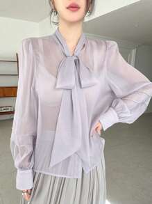 DAZY Solid Color Loose Long Sleeve Lady Shirt With Ribbon Tie Sheer