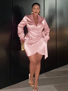 Slaydiva Plus Size Spring/Summer Casual Wrap Belt Waist Dress - Pink - View 5
