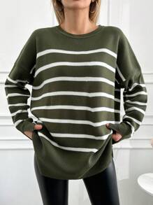 SHEIN Cottnline Ladies' Striped Long Sleeve Sweater - Khaki - View 2